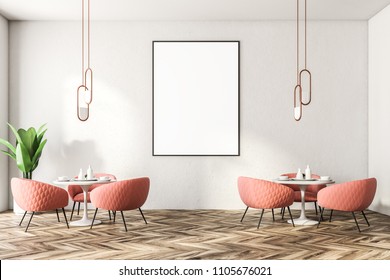 Round Table With Pink Armchairs Standing Near It. Modern Coffee Shop Interior. A Vertical Mock Up Poster Frame 3d Rendering