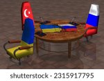 Round table with the texture of the flags of Russia, Ukraine and Turkey. The Chairmen from Russia and Ukraine are sitting with their backs to the table. 3d rendering.