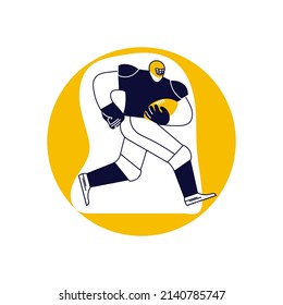 Round Template With Rugby Player Running With The Ball. Sportsman In Modern Outline Minimal Design. Flat Art  Illustration