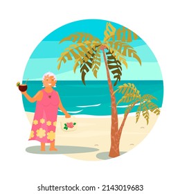 Round template summer activity. Elderly woman character with coconut cocktail on a sea beach. Flat Art  Illustration.