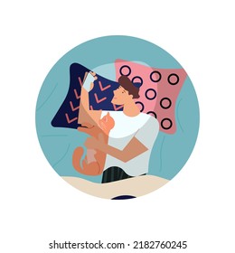 Round Template With Young Man Character Is Lying In Bed With Insomnia. Male Insomniac Is Surfing Internet Or Using Social Network. Gadget Addiction Concept. Flat Art  Illustration