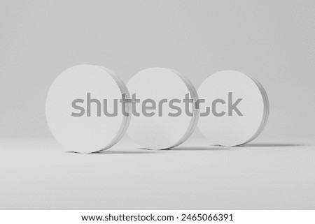 round thin box mock up, flat cylinder rigid paper box mock-up, set of circle box standing isolated on white background, 3D render of white blank disk-shape container, circle gift box packaging storage