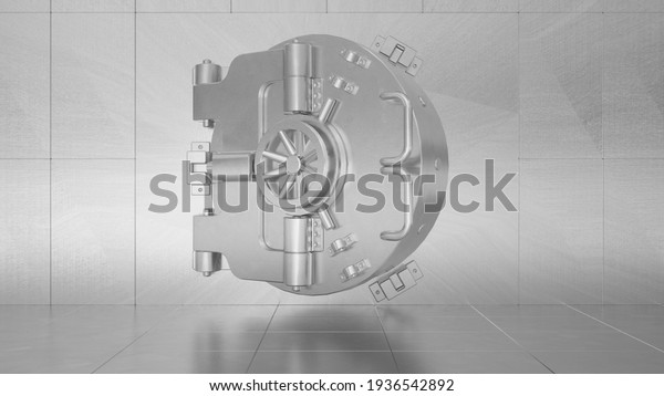Round\
vault door bank safe, deposit box. 3d\
rendering.