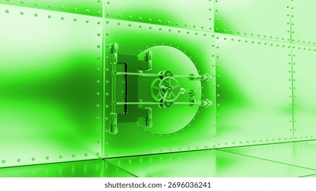 Round vault door with a robust locking mechanism opening against a green armored wall in a bank security room, symbolizing access to safety, wealth, and financial protection