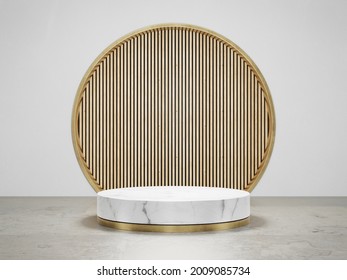 Round White Marble Podium With A Metallic Gold Base On Travertine Floor And Wood Feature Wall Background In Luxury Studio Scene. Modern Showroom Interior 3d Rendering Image For Product Display.