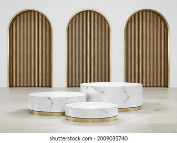 Round White Marble Podium With A Metallic Gold Base On Travertine Floor And Wood Feature Wall Background In Luxury Studio Scene. Modern Showroom Interior 3d Rendering Image For Product Display.