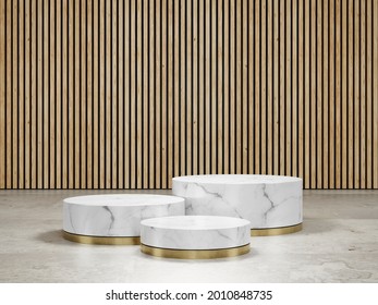 Round White Marble Podium With A Metallic Gold Base On Travertine Floor And Wood Feature Wall Background In Luxury Studio Scene. Modern Showroom Interior 3d Rendering Image For Product Display.