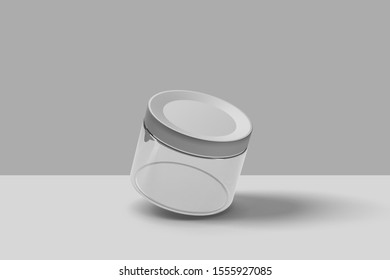 Round White Plastic Jar With Metal Lid For Cosmetics - Body Cream, Butter, Scrub, Bath Salt, Gel, Skin Care, Powder. Realistic Packaging Mockup Template.