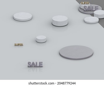 Round white podium with super sale text on empty gray floor background in clean studio scene. Modern showroom interior 3d rendering image for product display.