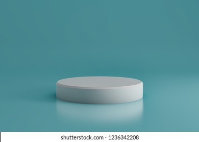 Round White Stage Podium With Blue Backdrop. Pedestal. Scene For Award Ceremony. 3d Rendering.