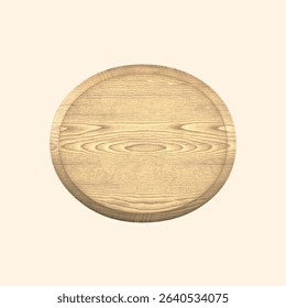 Round wooden cutting board with natural wood grain. Ideal for kitchen decor, food presentation, or rustic settings. Wood texture adds warmth and charm. Creative font for text.