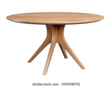 Round Wooden Retro Table. Dining Table Isolated On White Background. Clipping Path Included. 3D Render. 3D Illustration.