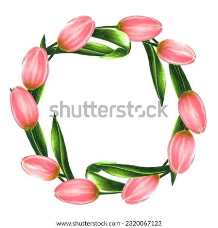Round wreath from pink tulips, hand drawn marker illustration in watercolor technique. For postcards, greeting cards, gift bags and boxes, home textile, tablecloths, picture frames, cross-stitching