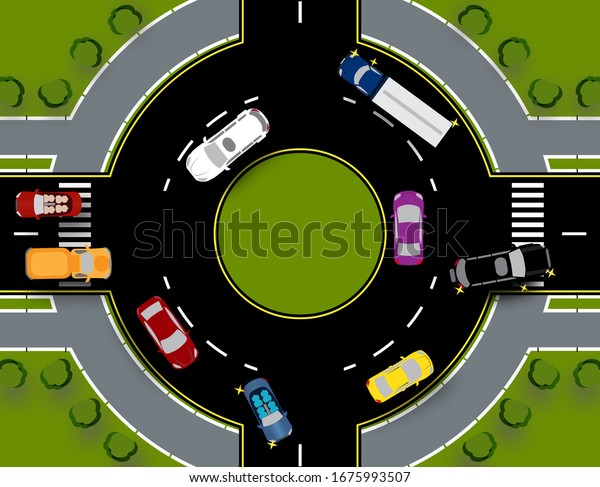Roundabout with traffic circle. Bus, cars,\
truck, SUV. Close-up with lawns \
illustration