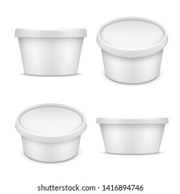 Rounded Container. White Plastic Packaging. Buttermilk And Margarine Box Isolated On White Background Illustration. Plastic Packaging And Jar Mockup For Food