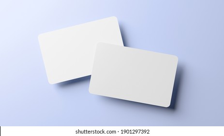 Rounded corners business cards mock up for design template. Blank credit card mockup front and back on a blue background in realistic 3D rendering