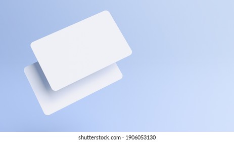 Rounded Corners Business Cards Mock Up For Design Template. Blank Credit Card Mockup Front And Back On A Blue Background In Realistic 3D Rendering