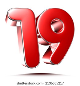 Rounded red number 19 on white background 3D illustration with clipping path.