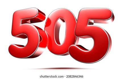 Rounded red numbers 505 on white background 3D illustration with clipping path.