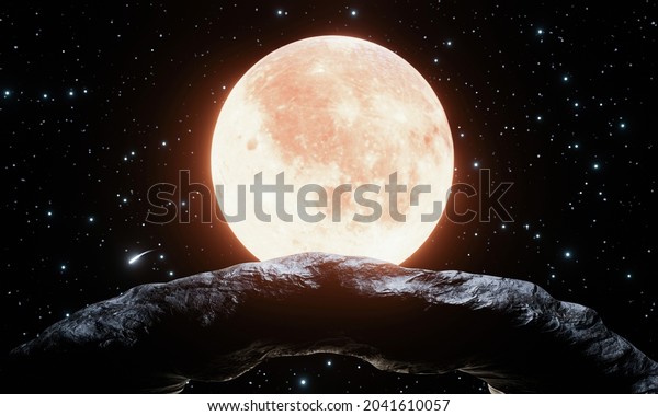 Round-shaped rock formations on the mountain\
There is a background Full moon red or orange with halo. Bright sky\
in a starry night sky. 3D\
rendering