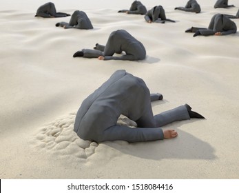 roup of businessmen hides their heads in the sand, 3d illustration