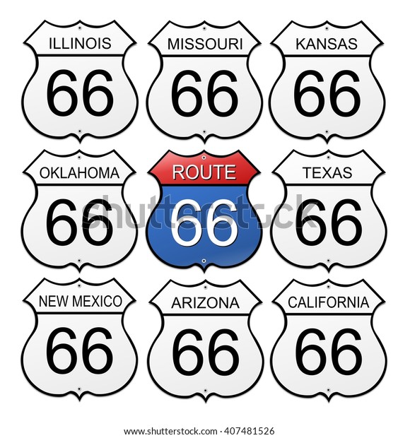 Route\
66 - collection of route signs on white\
background.