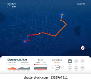 Route dashboard. City street map navigation, town running routes and gps tracking maps app. Navigate device or route navigator tracker mobile interface. Flat  illustration