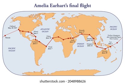 Route Map Of Amelia Earhart's Final Flight With Dates