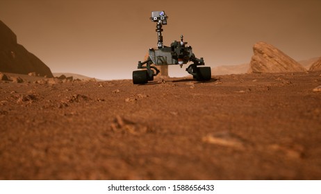 A Rover during a dust storm on the red planet. Curiosity Rover on Mars. 3D Rendering - Shutterstock ID 1588656433