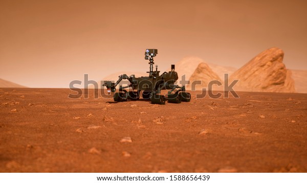 A Rover during a dust storm on the red\
planet. Curiosity Rover on Mars. 3D\
Rendering