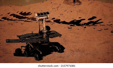 Rover On Mars Surface. Red Planet Explore Mission. Space Station Expedition. 3D Rendering. High Quality Photo