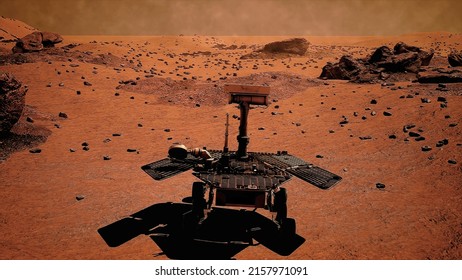 Rover On Mars Surface. Red Planet Explore Mission. Space Station Expedition Of A True Martian Landscape. 3D Rendering. High Quality Photo