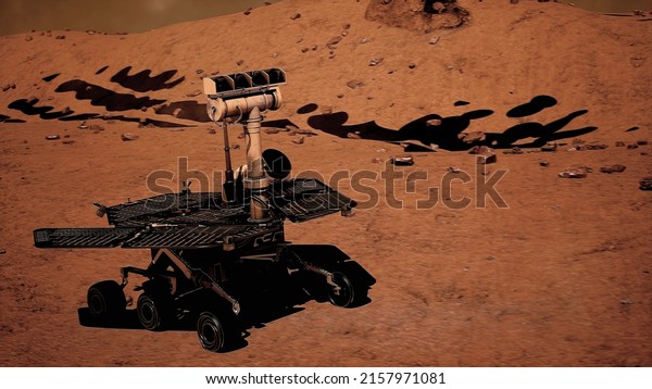Rover on\
Mars surface. Red planet explore mission. Space station expedition.\
3D rendering. High quality\
photo
