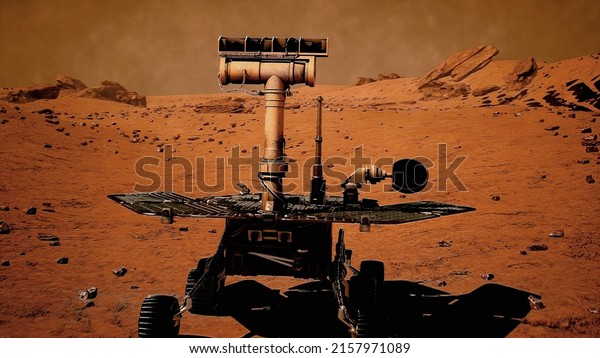 Rover on Mars surface. Red planet explore mission.\
Space station expedition. Front view. 3D rendering. High quality\
photo