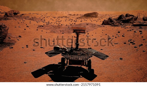 Rover on Mars surface. Red planet explore mission.\
Space station expedition of a true Martian landscape. 3D rendering.\
High quality photo