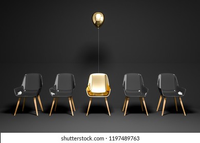 Row of black chairs with a gold chair and a balloon above it. Concept of choice and being unique. 3d rendering copy space