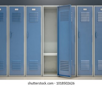 A row of blue metal school lockers with one open door revealing that it is empty - 3D render