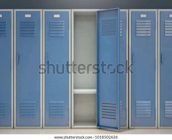 A row of blue metal school\
lockers with one open door revealing that it is empty - 3D\
render