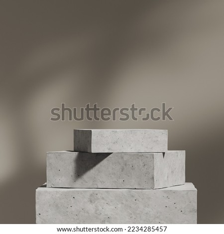 Row of concrete plates on empty grey blurred background, stone pedestal for presentation. Mockup for product display. 3D rendering