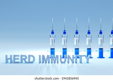 Row Of Covid 19 SarsCov Syringes With Vaccine Against Pandemic; Conceptual Herd Immunity; 3D Illustration