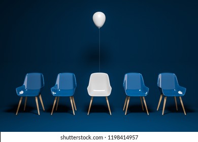Row of dark blue chairs with a white chair and a balloon above it. Concept of choice and being unique. 3d rendering copy space