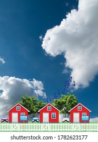 Row Of Detached Residential Homes On A Suburb Street With Houses For Sale Next Door To Noisy Neighbor Set Against A Blue Cloudy Sky