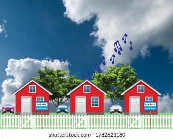 Row Of Detached Residential Homes On A Suburb Street With Houses For Sale Next Door To Noisy Neighbor Set Against A Blue Cloudy Sky