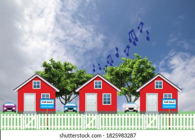 Row Of Detached Residential Homes On A Suburb Street With Houses For Sale Next Door To Noisy Neighbor Set Against A Blue Cloudy Sky