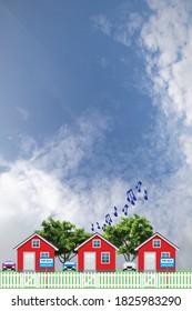 Row Of Detached Residential Homes On A Suburb Street With Houses For Sale Next Door To Noisy Neighbor Set Against A Blue Cloudy Sky