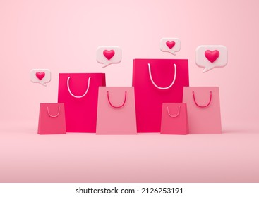 Row of different packages on pink background, heart. Concept of wishlist and online shopping. New collection and sale. 3D rendering