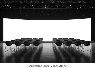 Row of empty chairs and mockup blank white screen in dark hall, industrial interior with concrete floor. Concept of presentation, advertising and marketing. 3D rendering