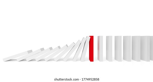 Row of falling domino stones stopped by red domino stone over white background, risk management, intervene or prevention concept, 3D illustration