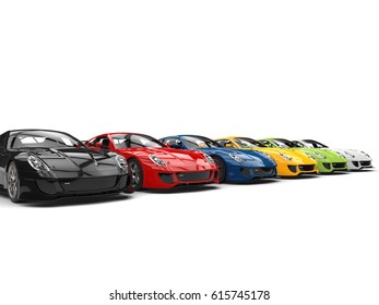 Row Of Great Modern Sports Cars In Various Colors  - 3D Illustration