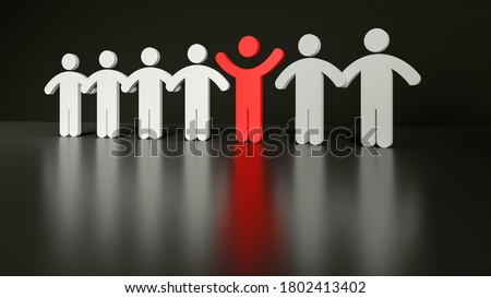 Row of human figures with a single individual standing out from the rest representing individuality and being different. Concept of exceptional and talented employee. 3d render illustration.